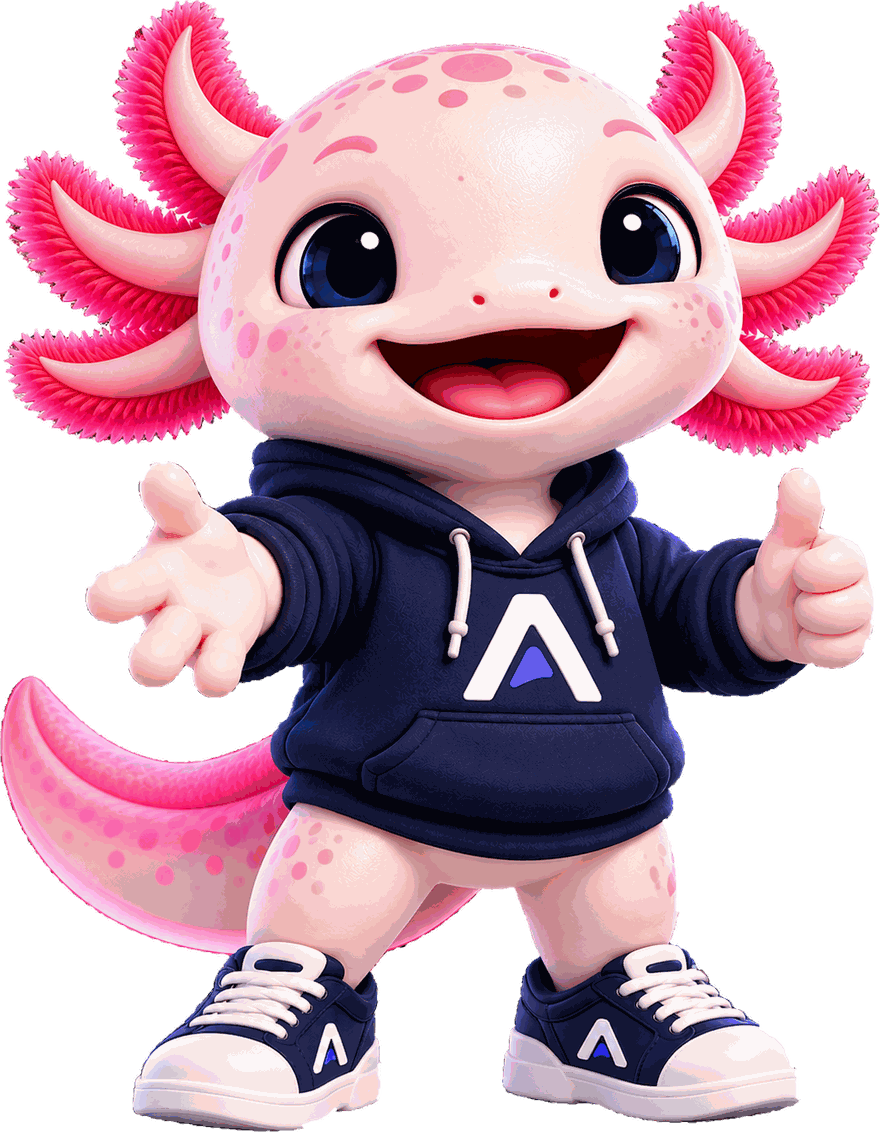 Mascote da Axios Studio, um axolote sorridente de moletom azul com o logo da empresa, fazendo sinal de positivo